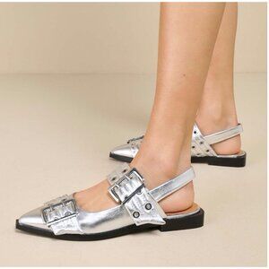 Steve Madden Graya Silver Metallic Leather Studded Buckle Slingback Flats 10